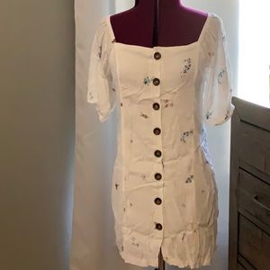 Buttoned White Floral Mini Dress